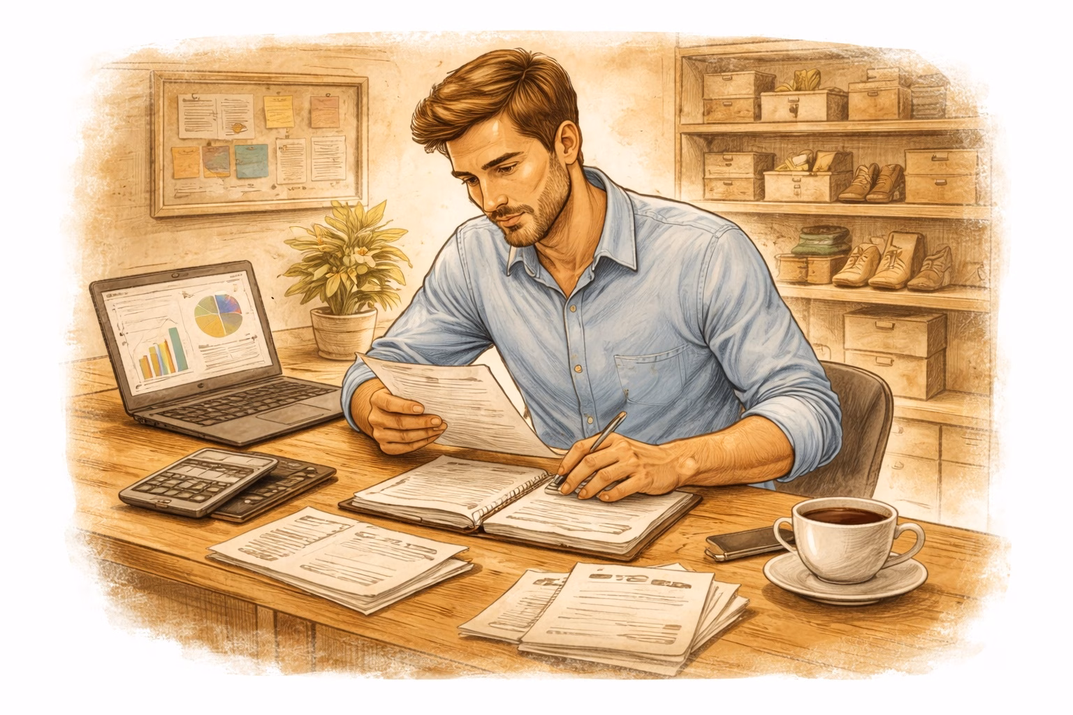 Que te vas a encontrar por parte de las administraciones si quieres emprender o montar una zapatería en España. 2 Hombre de negocios en su oficina home office 3