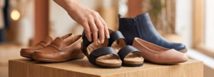 Mano de profesional seleccionando una sandalia de piel negra confort sobre un mostrador de madera, parte de una colección de calzado al por mayor de Elche.