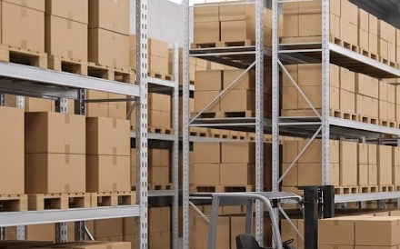 Vista de un almacén logístico de calzado con estanterías industriales, cajas de stock preparadas y carretillas elevadoras en un entorno organizado.
