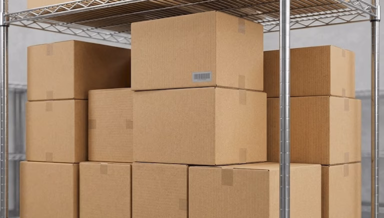 Cajas de cartón apiladas en estantería metálica de almacén logístico de calzado.